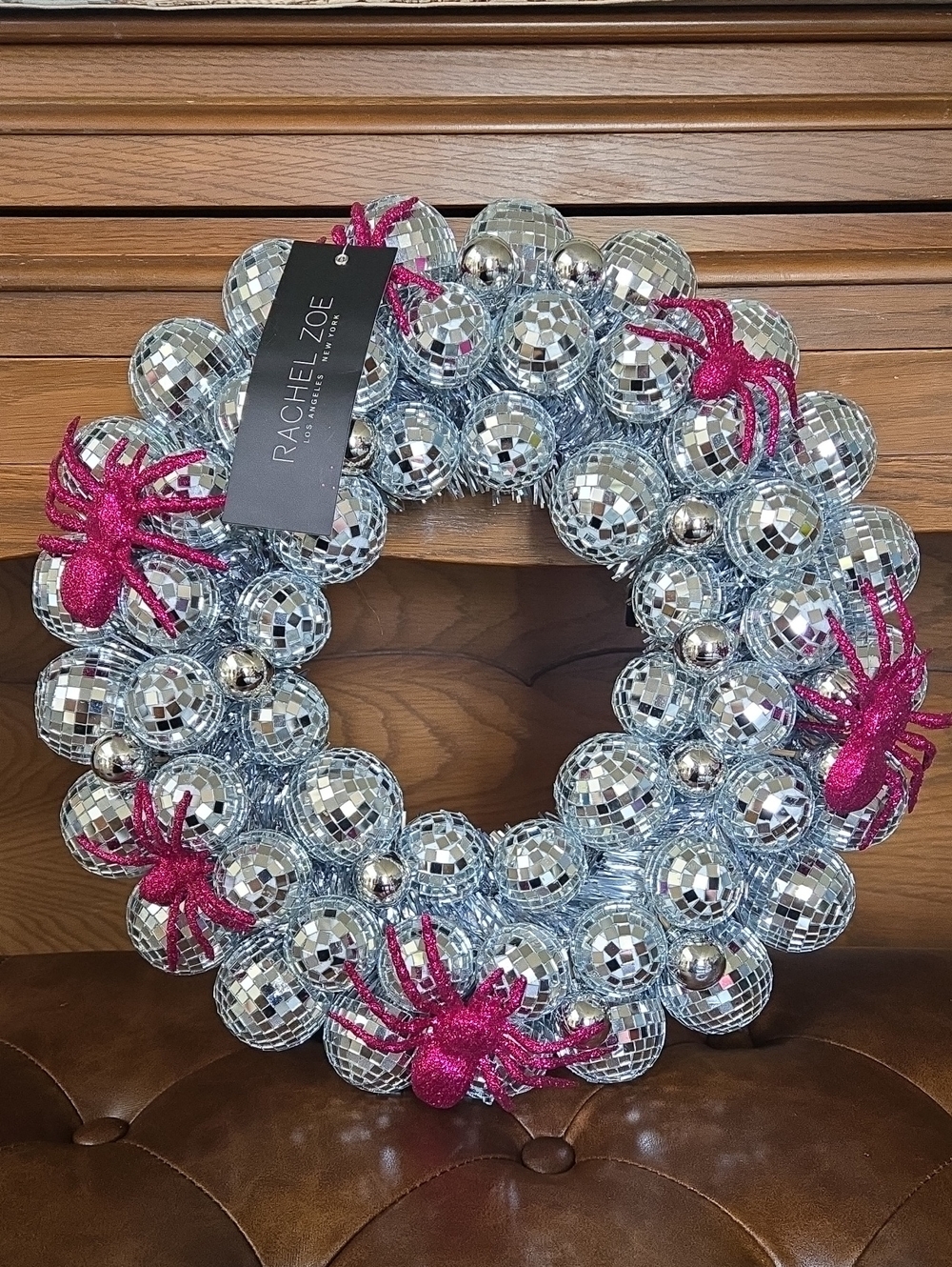Rachel Zoe Silver Disco Ball Wreath with Pink Glitter Spiders
